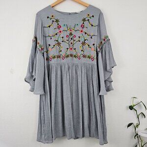 Umgee Womens Sz L Embroidered Bell Sleeve Keyhole Floral Dress Gauzy Lined Boho